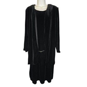 J.B.S.Ltd Size 12 Long Black Velvet Jacket Dress with Waist Chain